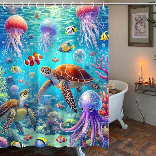 Waterproof Jellyfish Turtle Shower Curtain - Ocean Theme 72x72