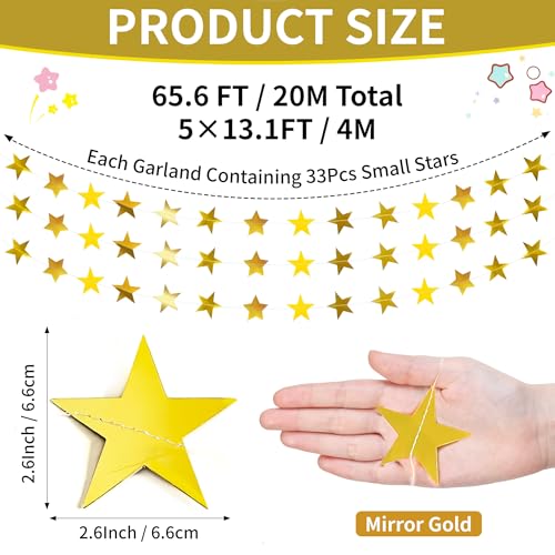 Gold Star Garland - 66 FT Double-Sided Paper Banner with 165 Stars