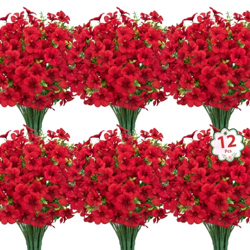 Roberly 12 Pcs Red Artificial Geranium Flowers for Outdoor Decor