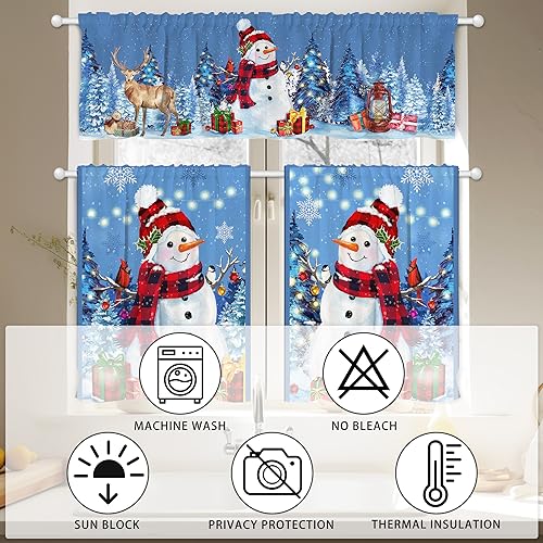 Christmas Snowman Kitchen Curtains Set - Blue, 54"W x 36"L, Pack of 3