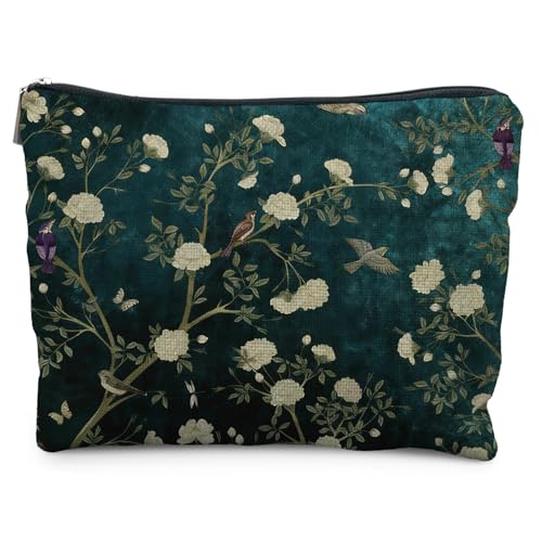 Chinoiserie Bird Makeup Bag Vintage Floral Cosmetic Zipper Pouch