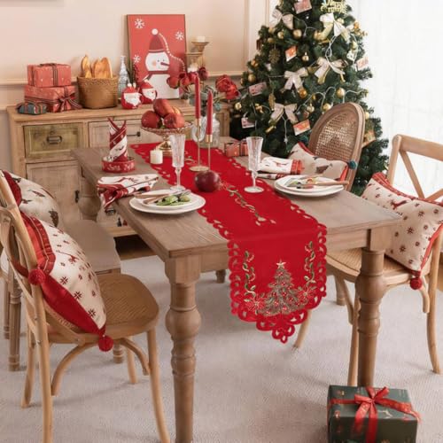 Embroidered Christmas Tree Table Runner - Extra Long 120x15 Inches