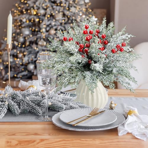 Snowy Christmas Pine Branches & Red Berry Stems - 60 Pcs Artificial Holiday Foliage - Watayo Snow Style
