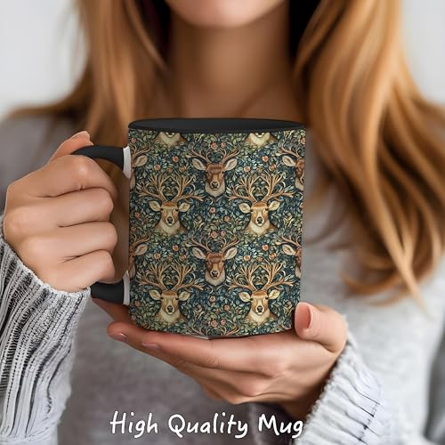 Reindeer Floral Mug - Deer Hunter Gifts, 11oz Ceramic Coffee Tea Cup - Dark Botanical Animal Design