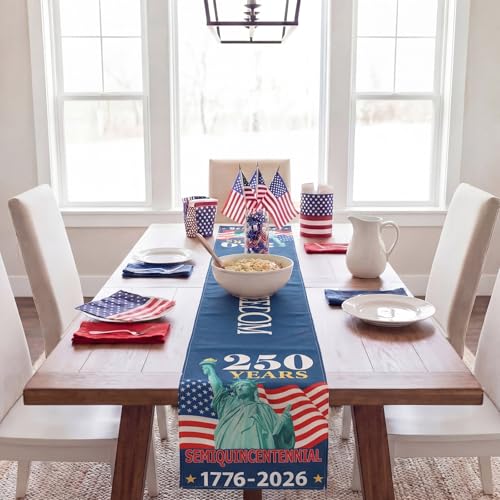 Patriotic 4th of July Table Runner 13x72 Inch - 250th Anniversary Linen Decor
