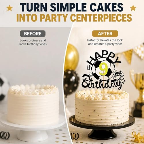 Black Glitter Soccer Happy 9th Birthday Cake Topper