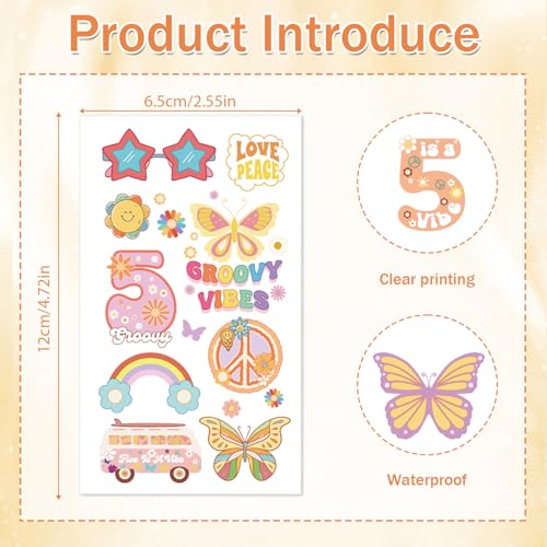 Five Is A Vibe Temporary Tattoos - 20 Sheets Groovy Retro 5th Birthday Party Favors