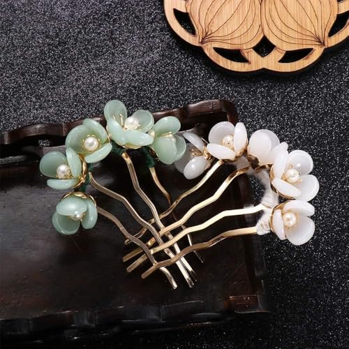 Chinese Style Vintage Hair Fork - 4 Prong U Shaped Hairpin Stick Green