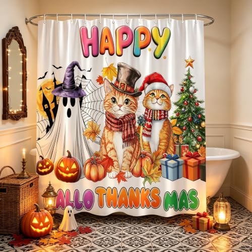 Happy Hallothanksmas Cat Ghost Shower Curtain 70x70, White Holiday Decor
