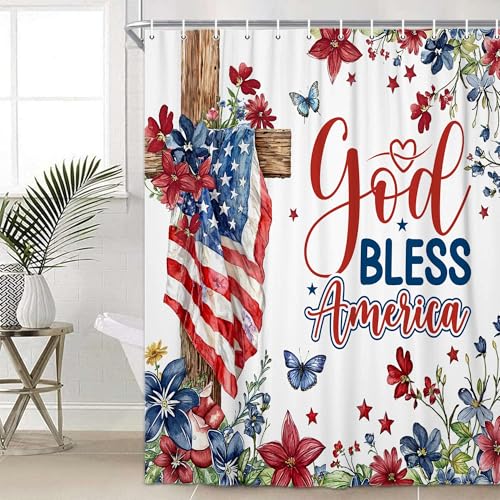 BATRUG Patriotic American Flag Shower Curtain - 70x70in Floral Cross
