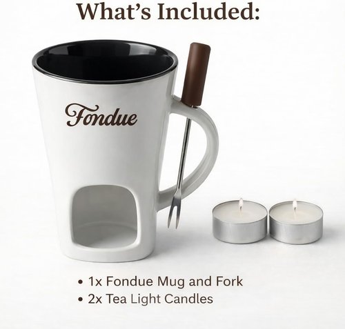 White Chocolate Fondue Mug with Tealight & Fork – Ceramic Single-Serve Fondue Cup for Chocolate & Cheese Dipping