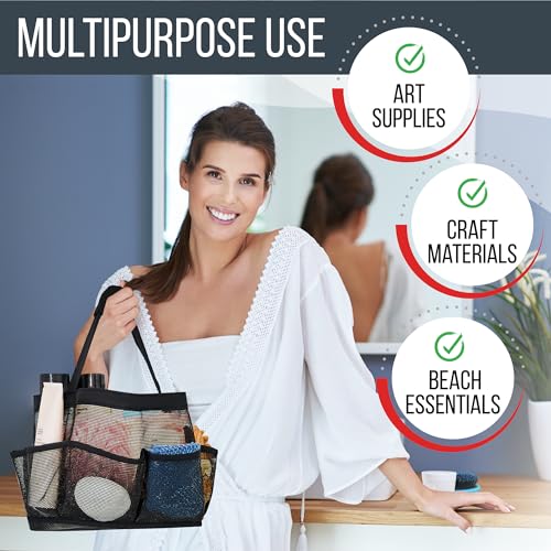 Masirs 9-Pocket Mesh Shower Caddy Tote - Portable Bathroom Organizer (Black)