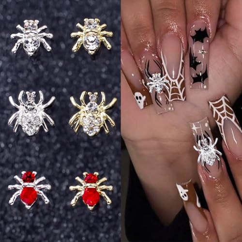 20Pcs 3D Alloy Spider Nail Charms with Red Crystal Rhinestones Punk Gems