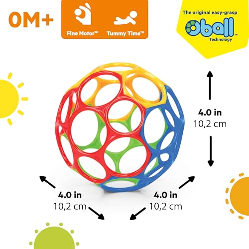 Bright Starts Oball Easy Grasp Classic Infant Toy - Yellow/Red/Blue, 4 Inch BPA-Free Baby Ball for Newborns & Toddlers