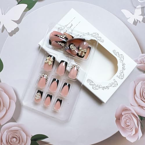 Black French Tip Press On Nails Short Square with 3D Gold Bow & Rhinestone