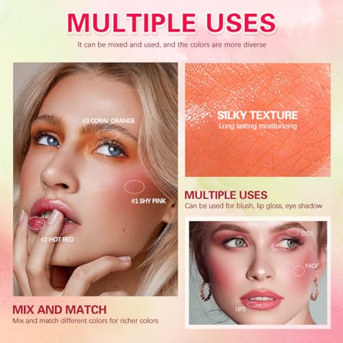 3-in-1 Cream Blush Stick - Waterproof Natural Tinted Makeup for Cheeks, Lips and Eyes #03 Coral Orange