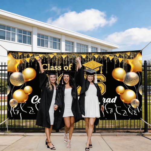 Black and Gold Graduation Banner 2026 - Durable Congrats Grad Backdrop