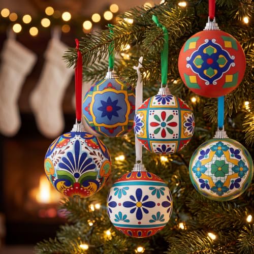 Mexican Christmas Ornament Set - 24 Colorful Fabric Balls with Talavera Pattern