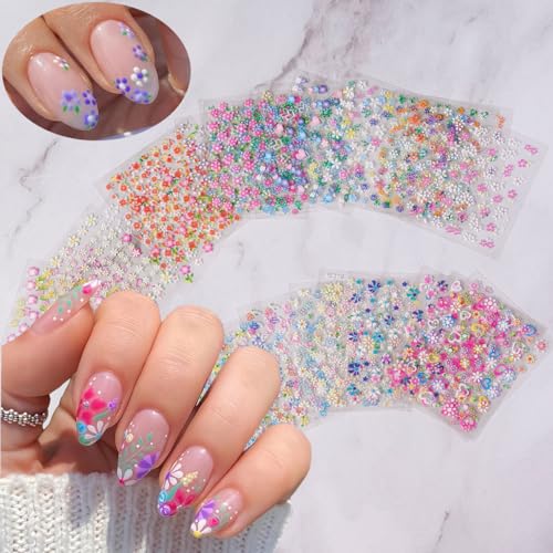 30 Sheets Colorful Flower Nail Art Stickers with Rhinestones 3D Decals