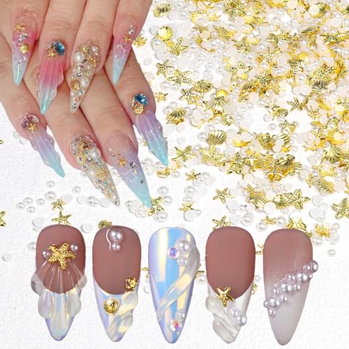Sutaozhi 200Pcs Summer Starfish Nail Charms Gold Beach Pearl Rhinestones