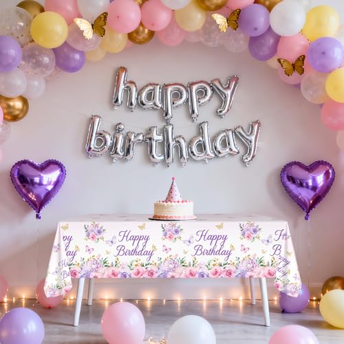 Avezano 3-Pack Purple Floral Birthday Tablecloths - 108x54 in