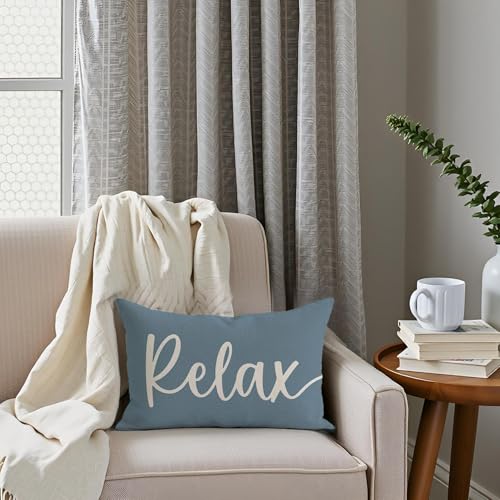Welcome to Our Happy Place Lumbar Pillow Covers, 12x20 Dusty Blue Set of 2
