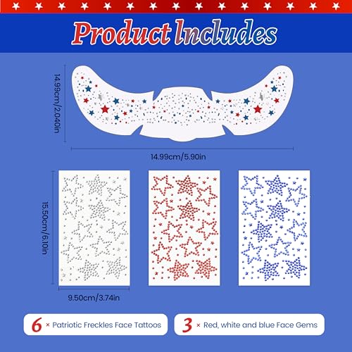 LuLuTone 9 Pcs 4th of July Face Gems and Star Glitter Freckles Tattoos