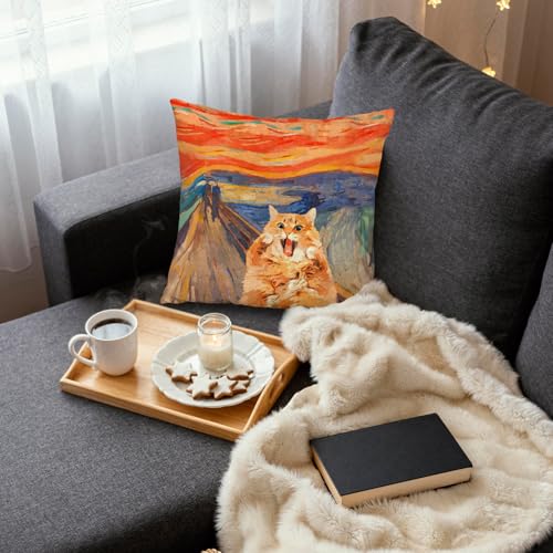 Funny Abstract Orange Cat Pillow Cover 18x18, Retro Modern Flannelette Case