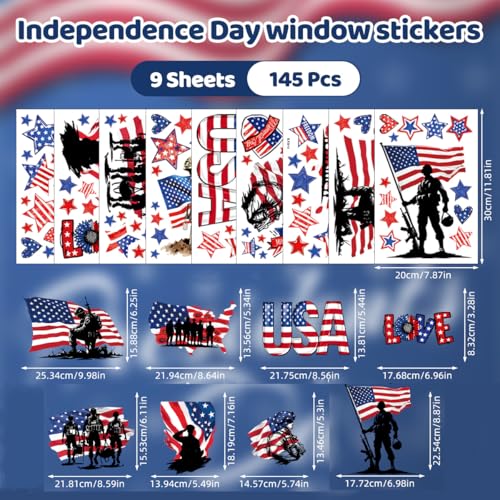 Patriotic Memorial Day Window Clings - 141 Pcs Removable Decals