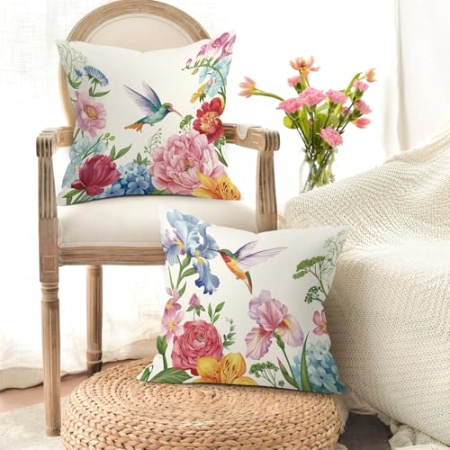 Floral Hummingbird Throw Pillow Covers 18x18 - Set of 4