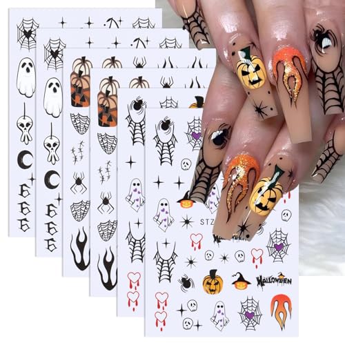 Halloween Nail Art Stickers 6 Sheets 3D Self-Adhesive Spider Web Pumpkins
