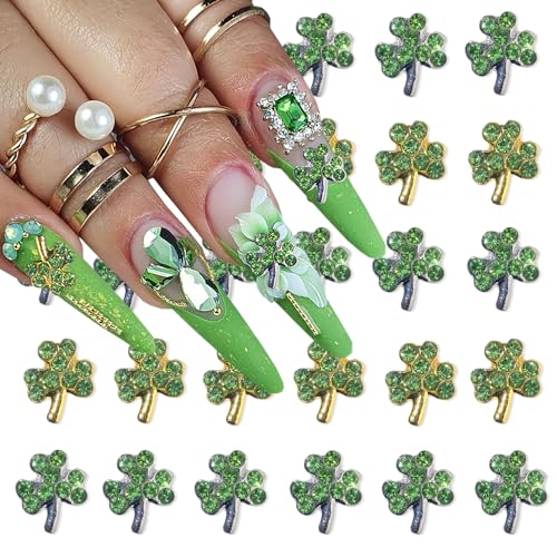 Shamrock Nail Charms 20Pcs St. Patrick's Day Rhinestones for Acrylic Nails