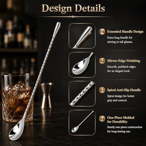 AVZ 12-Inch Stainless Steel Bar Spoons - 3-Piece Twisted Handle Mixing Set