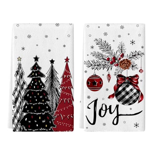 KORVITA Christmas Hand Towels, 2-Piece Set, Black and Red Tree Design