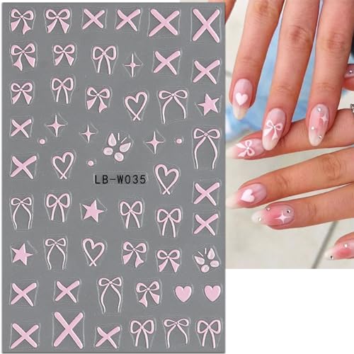 JMEOWIO 8 Sheets Heart Bow Tie Nail Art Stickers Decals Pink