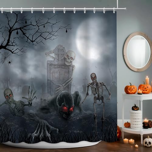 APROPHIC Halloween Shower Curtain Black2 - Ghost Skeleton Design, 72x72 inches, Waterproof Fabric with Hooks
