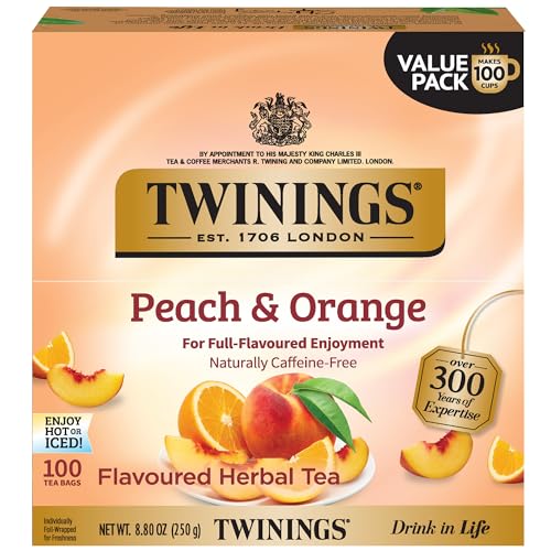 Twinings Peach & Orange Herbal Tea - 100 Individually Wrapped Caffeine-Free Bags, Juicy & Fruity, Hot or Iced, Pack of 1