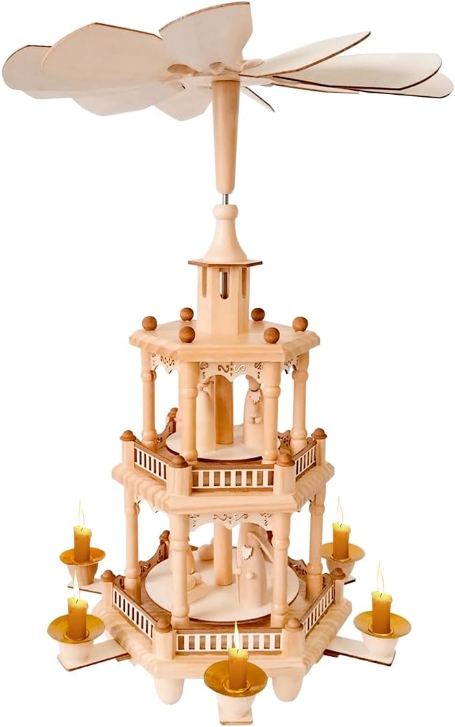 Rotating Christmas Pyramids | 17-Inch Wooden Nativity Scene with 6 Candle Holders & 3 Tiers