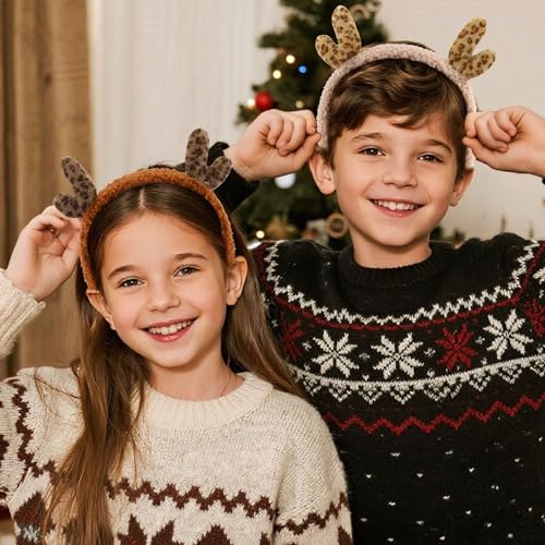 Hapdoo Reindeer Headbands 2-Pack Christmas Fluffy Antler Hair Accessories