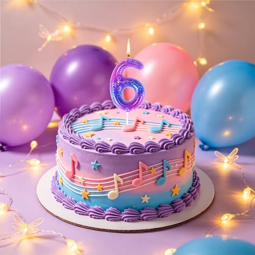 Purple Music Note 6th Birthday Candle - Kpop Cake Topper Decoration