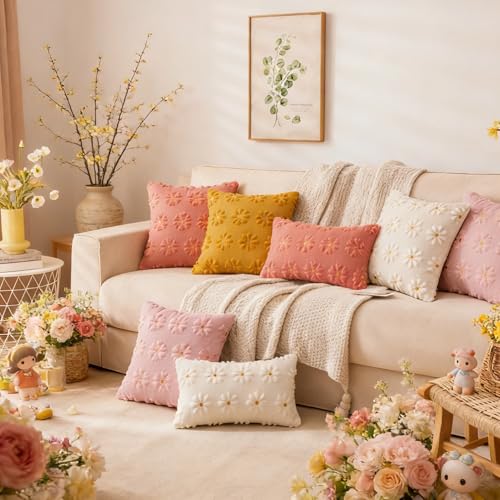 Floral Plush Throw Pillow Covers - Set of 2, 12x20 Inch, Yellow
