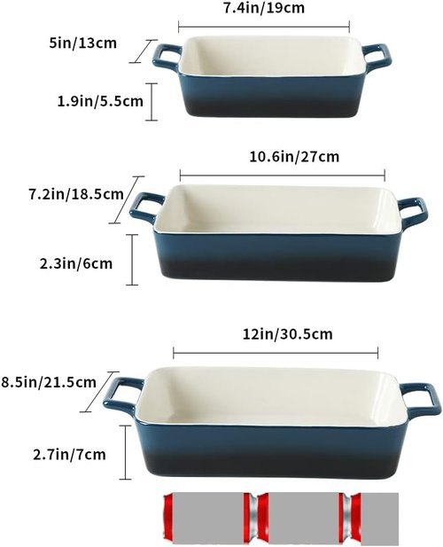 KOOV Bakeware Set - Ceramic Baking Dish Set with Casserole Pans | 3-Piece Gradient Blue, 12 x 8.5 Inches