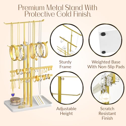 Adjustable Gold Jewelry Tower Stand Organizer for Women - Elegant Display with Necklace, Earring & Bracelet Holders
