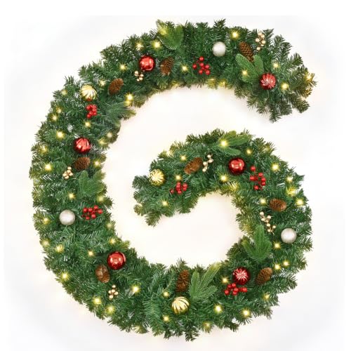 Prelit Christmas Garland with Lights - 9 FT Faux Evergreen Wreath with 50 LEDs, Berries & Pinecones, Indoor Decor, 1 Pack