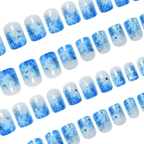 SHUXILIN Christmas Blue Press on Nails Short Square Glitter False Nails with Rhinestones
