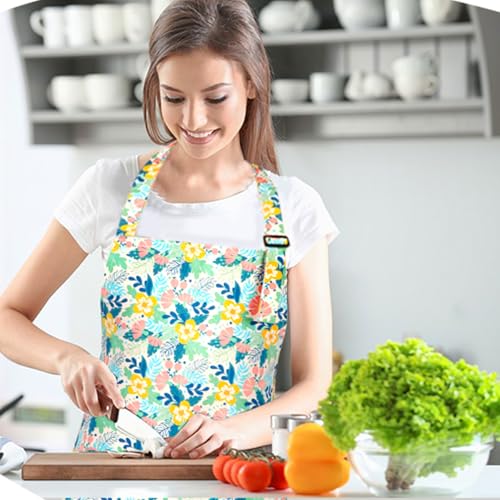 Blue Floral Apron for Women - Waterproof Cotton Canvas with Pockets