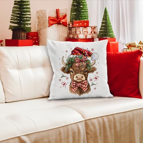Christmas Highland Cattle Pillow Cover 18x18 - Farmhouse Cow Decor, Highland Cow Christmas Variation