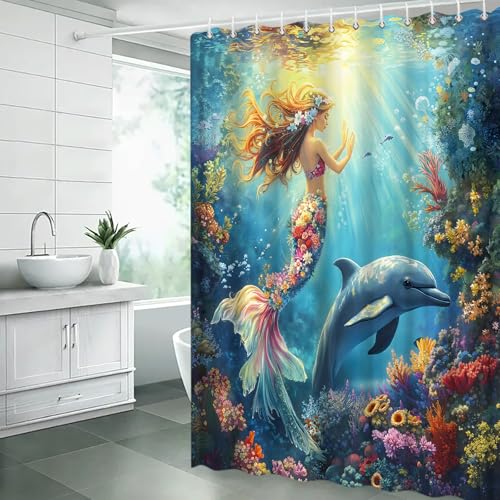 Ocean Mermaid Shower Curtain - 70" x 70" Floral Underwater Decor