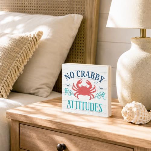 No Crabby Attitudes Wooden Box Sign - Coastal Beach Decor 5.9x5.9in