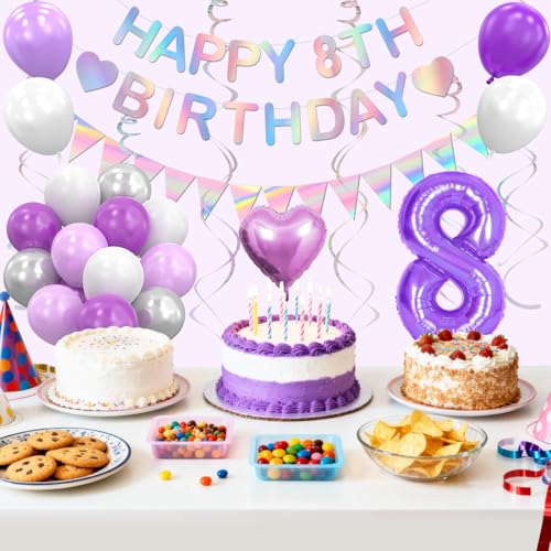 8th Birthday Decorations for Girls - Purple Silver Party Set
